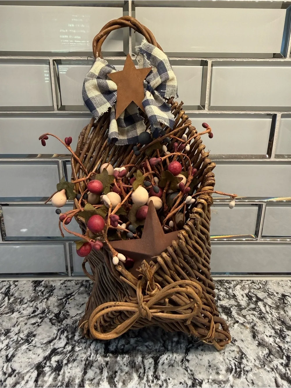 Rustic Wicker Holiday Wall Pocket with Blue Plaid Bow